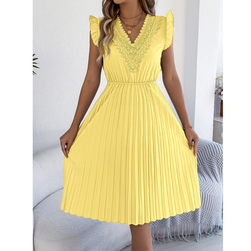Robe midi femme plissée à col V dentelle et taille empire