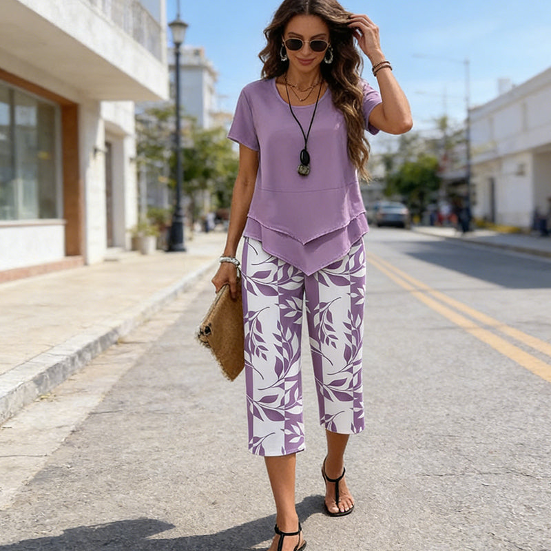 Ensemble Femme Deux Pièces Haut Asymétrique et Pantalon Imprimé