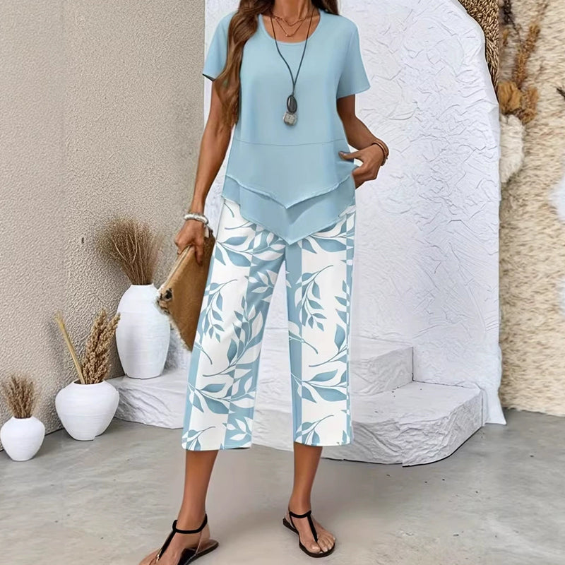 Ensemble Femme Deux Pièces Haut Asymétrique et Pantalon Imprimé