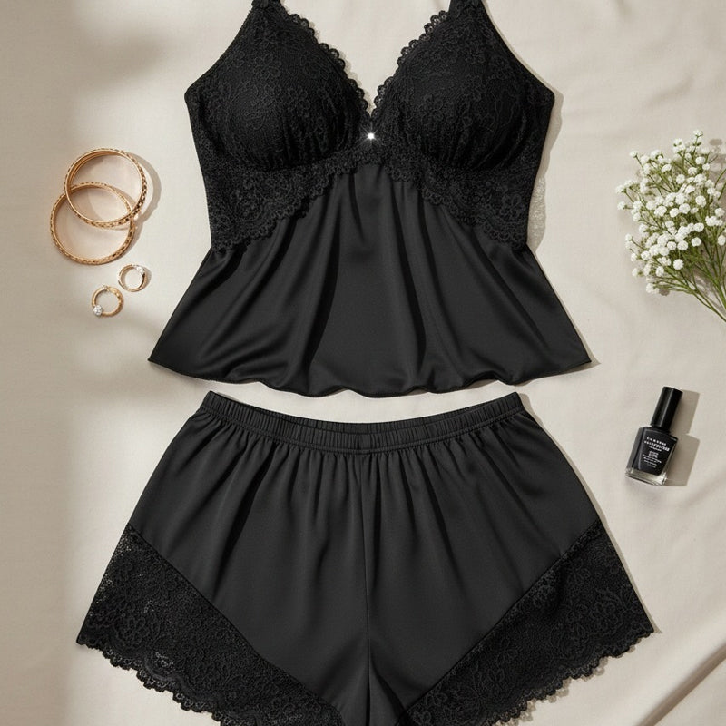 Ensemble Pyjama Femme Dentelle Bretelles Fines Short Léger Satin Élégant