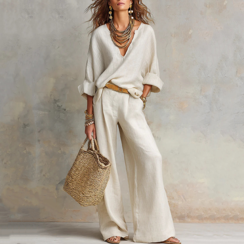 Ensemble deux pièces femme effet lin avec pantalon large