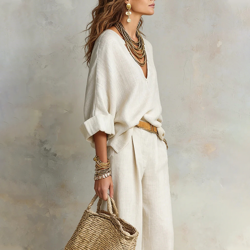 Ensemble deux pièces femme effet lin avec pantalon large