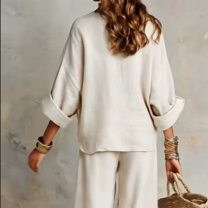 Ensemble deux pièces femme effet lin avec pantalon large