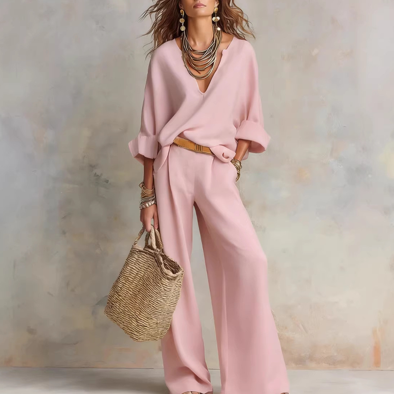 Ensemble deux pièces femme effet lin avec pantalon large