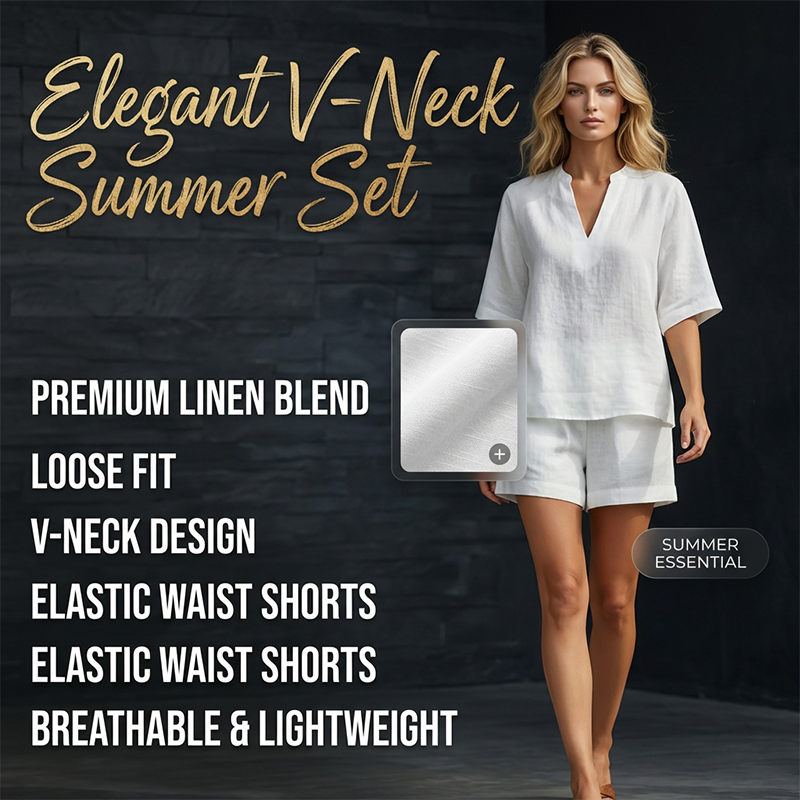 Ensemble Femme Élégant avec Blouse à Col V et Short Fluide