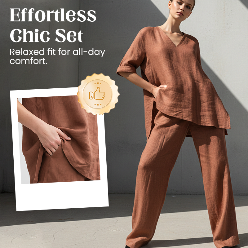 Ensemble femme en coton et lin avec haut col V et pantalon ample