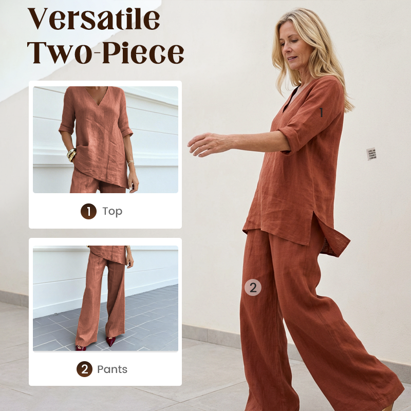Ensemble femme en coton et lin avec haut col V et pantalon ample