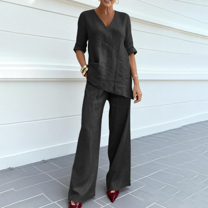 Ensemble femme en coton et lin avec haut col V et pantalon ample