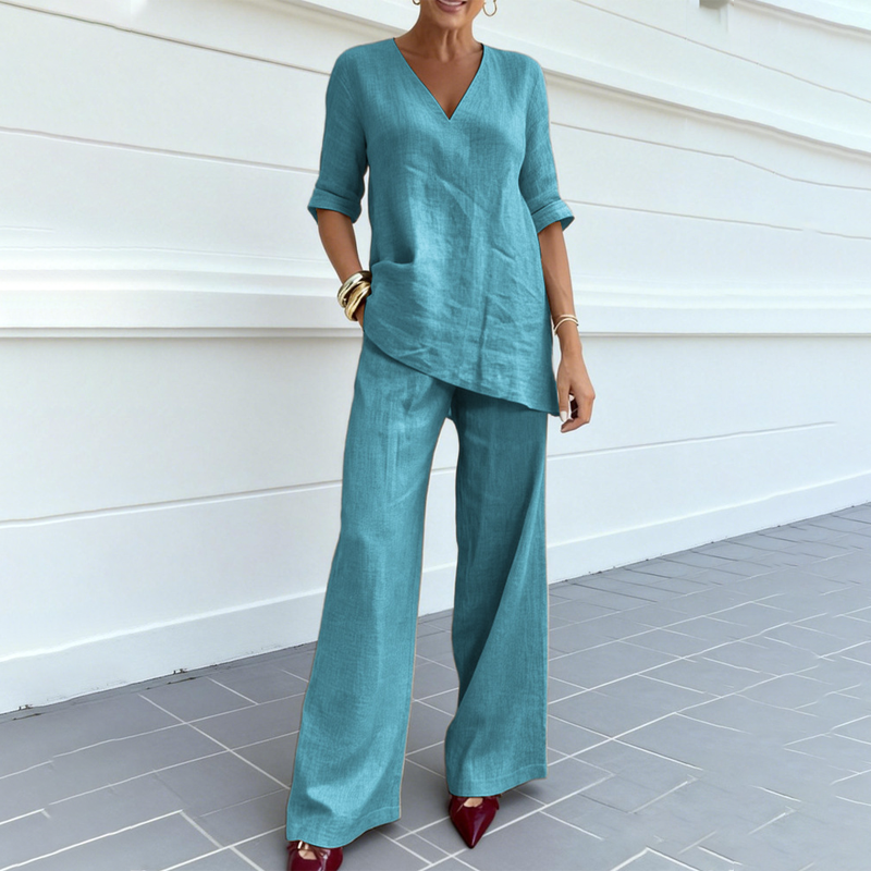 Ensemble femme en coton et lin avec haut col V et pantalon ample
