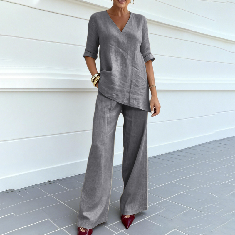 Ensemble femme en coton et lin avec haut col V et pantalon ample