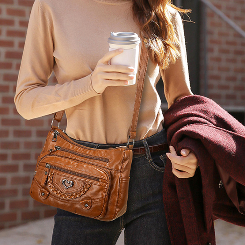 Sac Bandoulière Femme Multipoches en PU Souple Style Quotidien