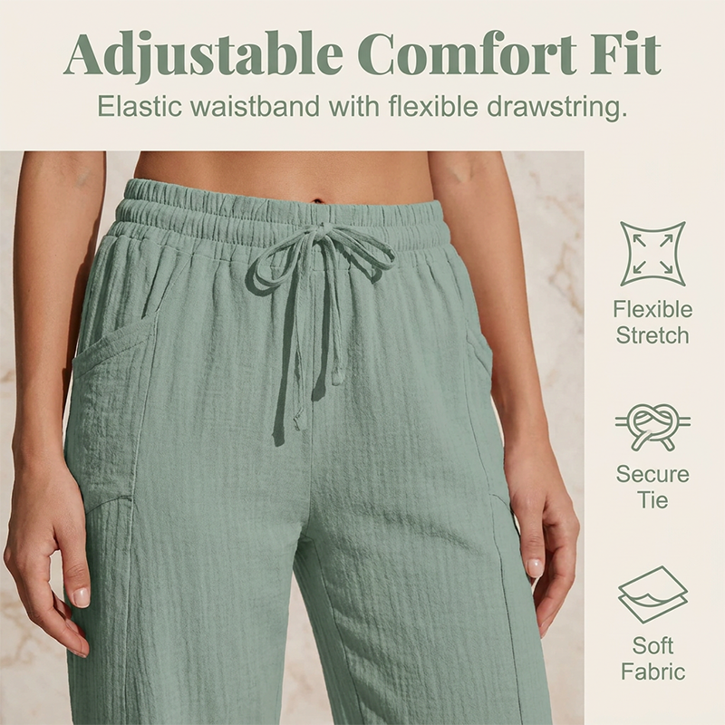 Pantalon cropped femme en coton et lin à taille élastique confortable