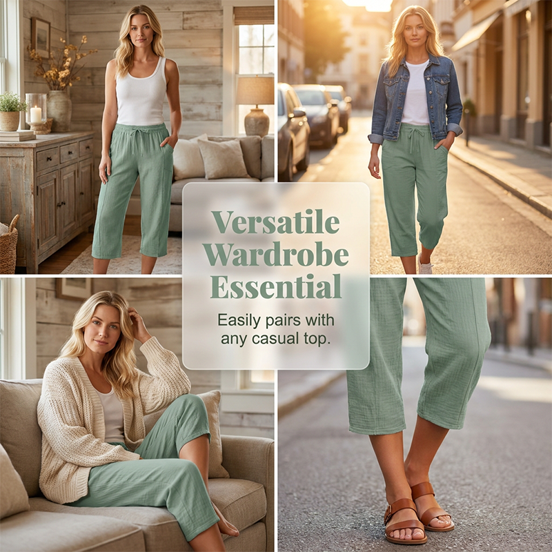 Pantalon cropped femme en coton et lin à taille élastique confortable