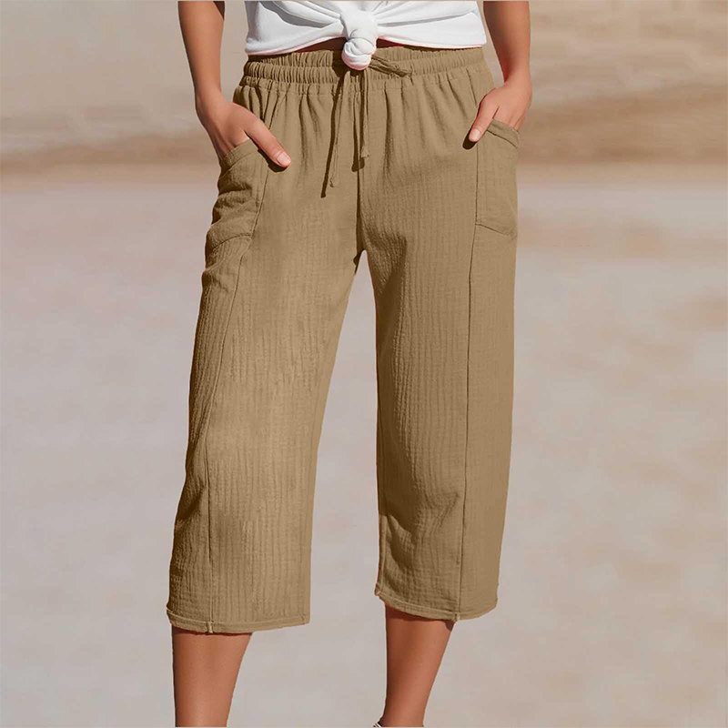 Pantalon cropped femme en coton et lin à taille élastique confortable
