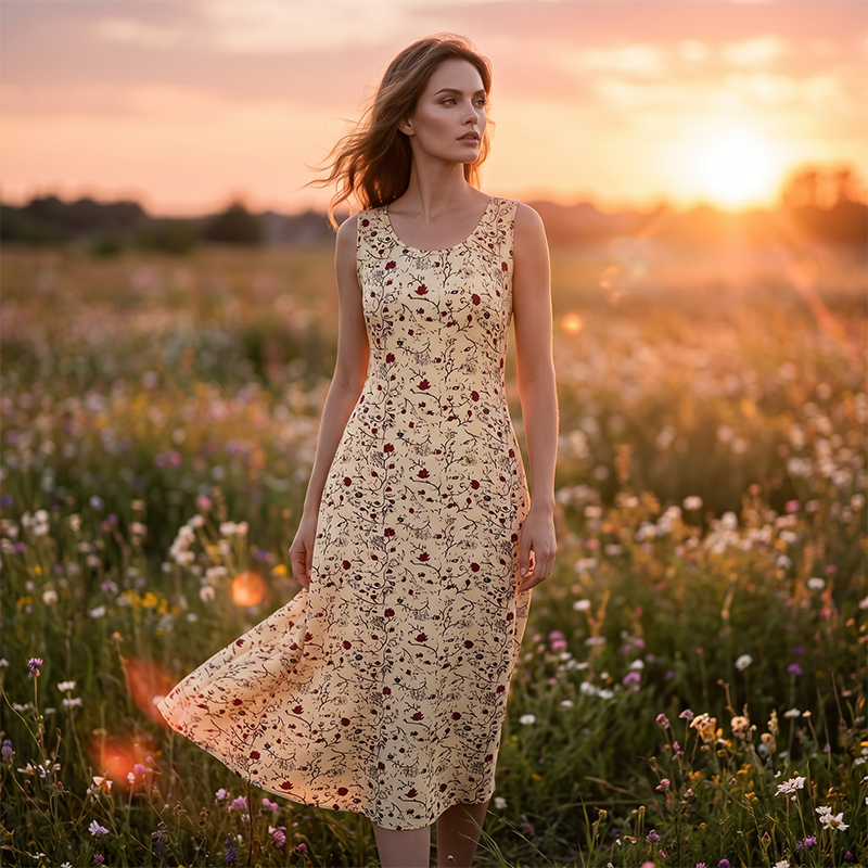 Robe longue femme sans manches à imprimé floral et poches