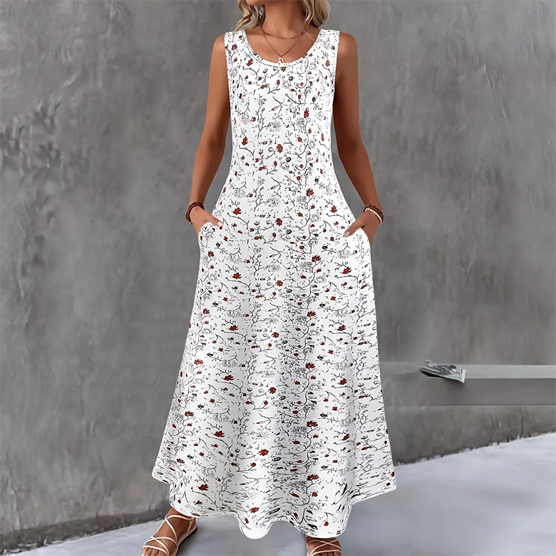 Robe longue femme sans manches à imprimé floral et poches