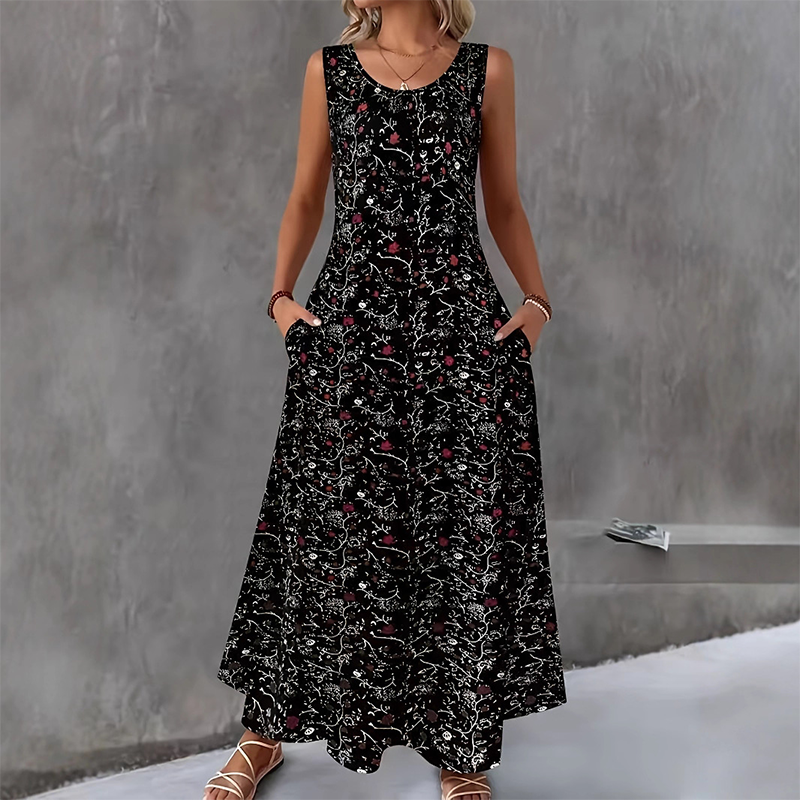 Robe longue femme sans manches à imprimé floral et poches