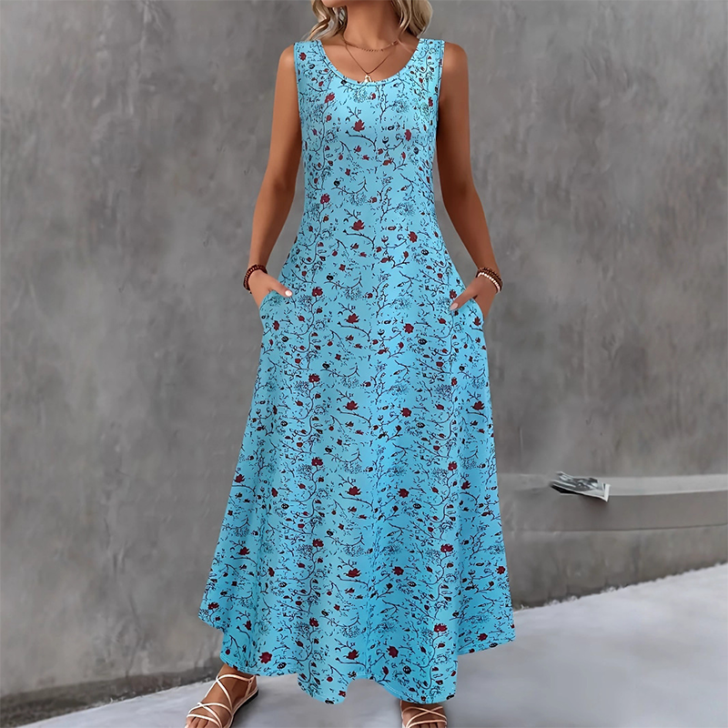 Robe longue femme sans manches à imprimé floral et poches