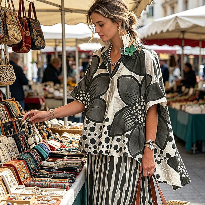 Ensemble deux pièces femme à haut botanique et pantalon rayé