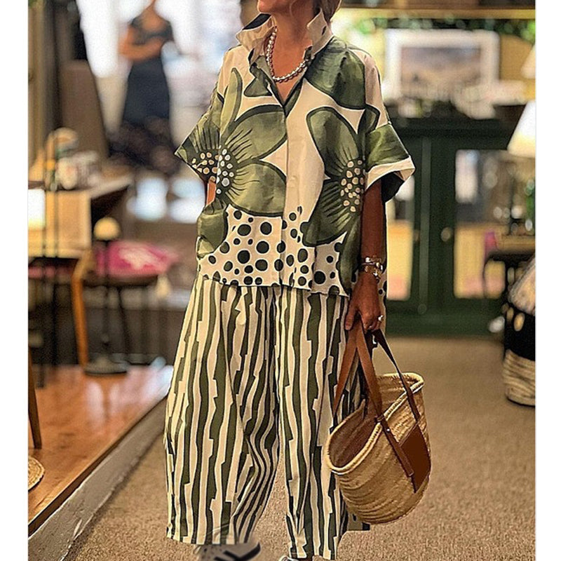 Ensemble deux pièces femme à haut botanique et pantalon rayé