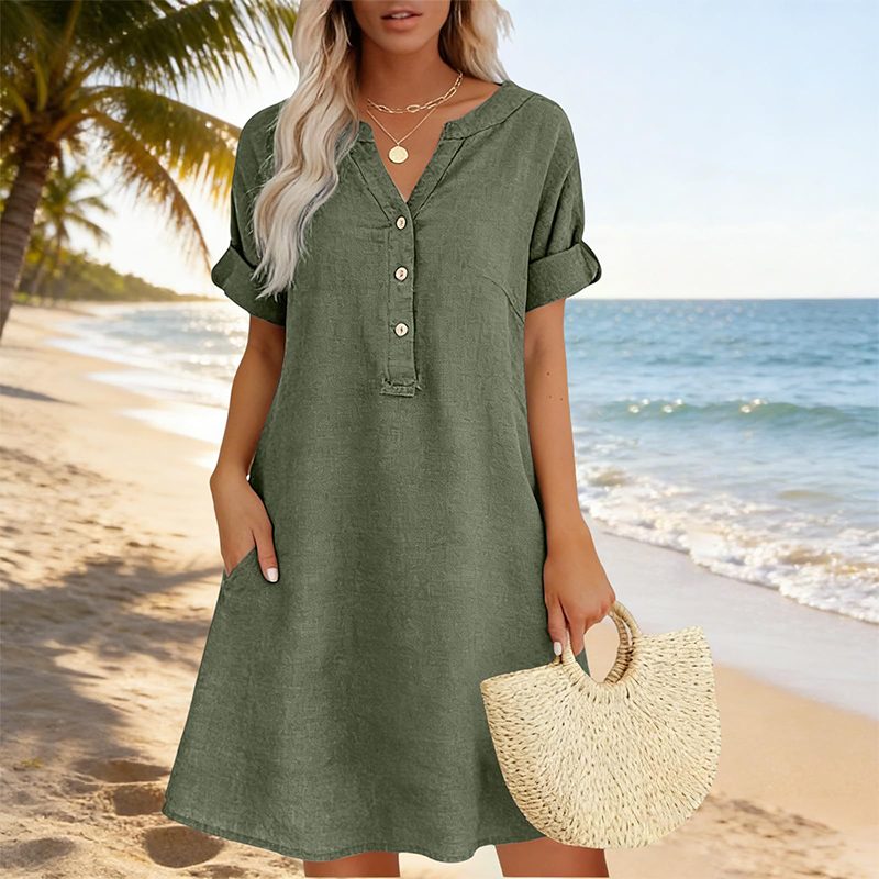 Robe tunique femme en coton avec col V boutonné et poches