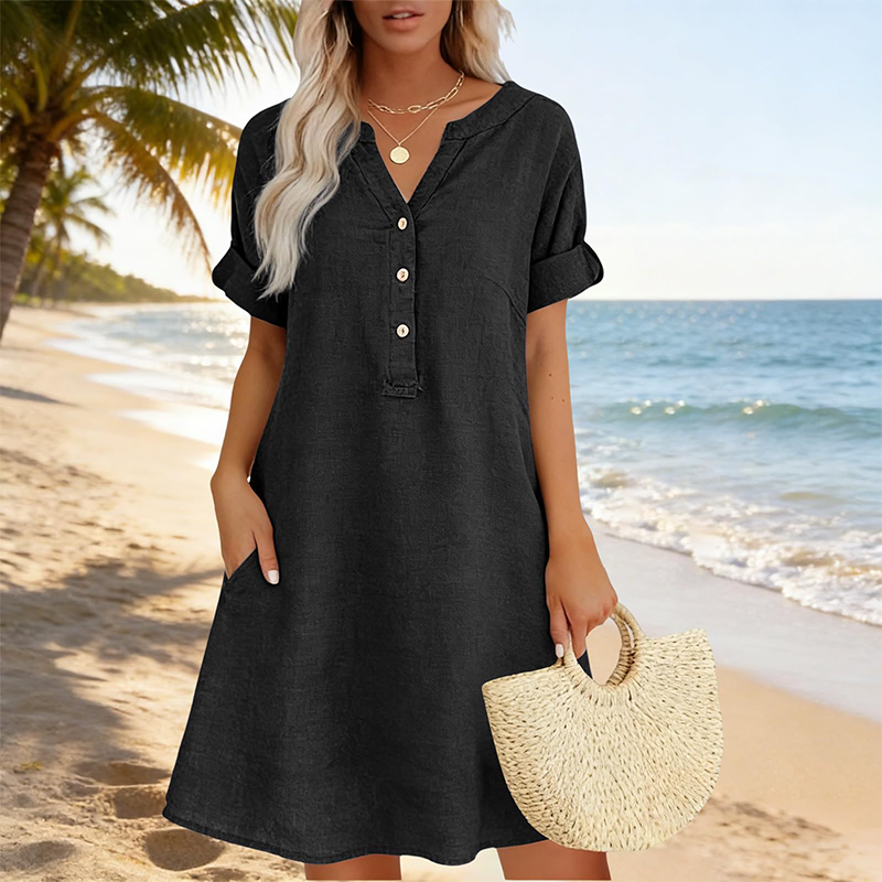 Robe tunique femme en coton avec col V boutonné et poches