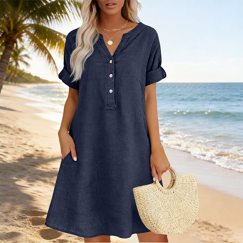Robe tunique femme en coton avec col V boutonné et poches