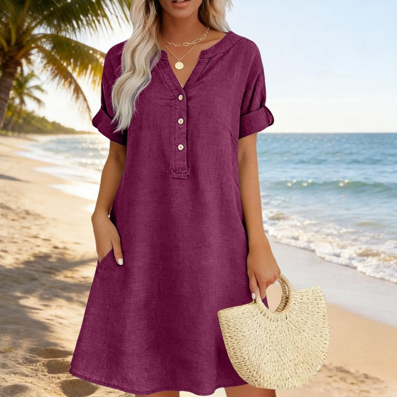 Robe tunique femme en coton avec col V boutonné et poches