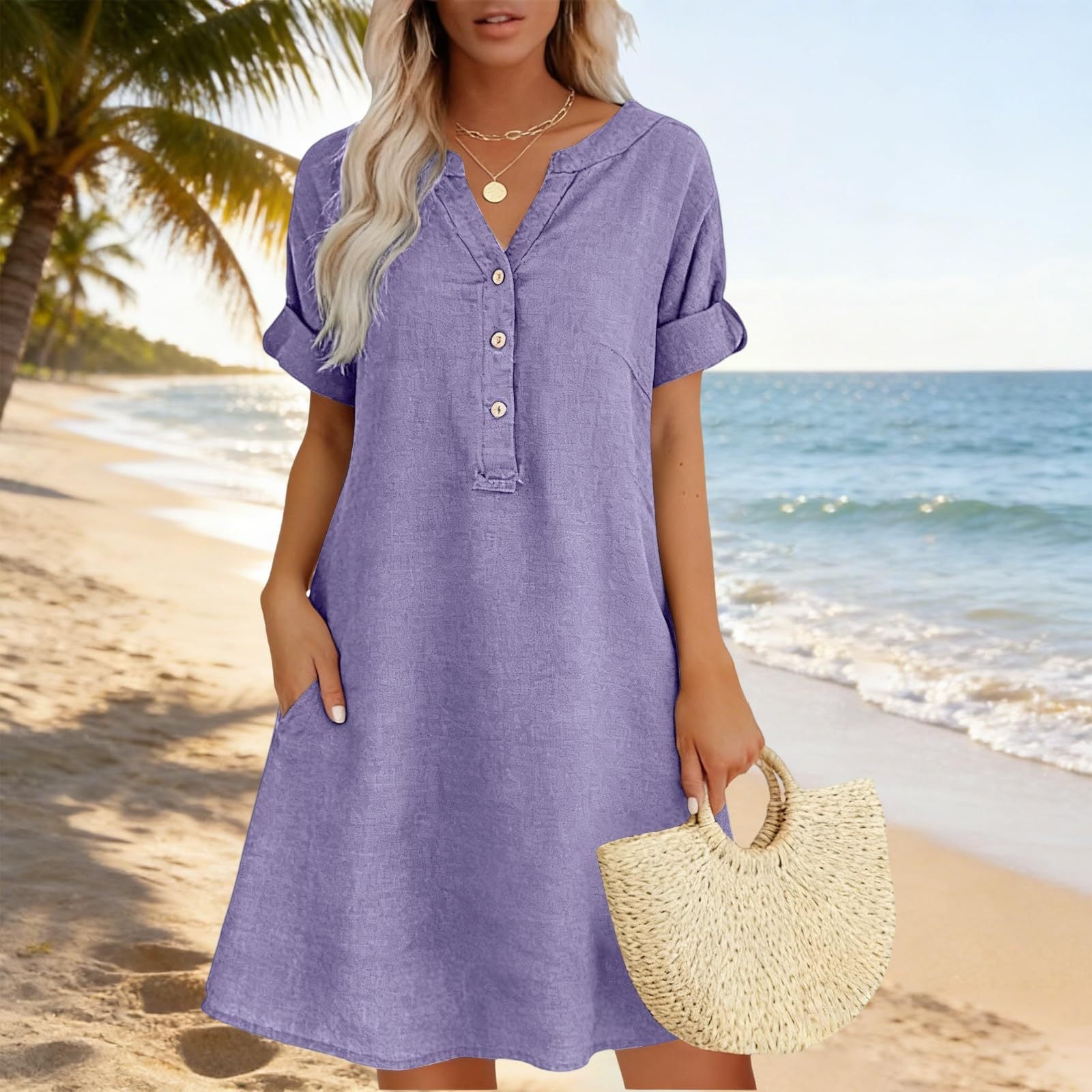 Robe tunique femme en coton avec col V boutonné et poches