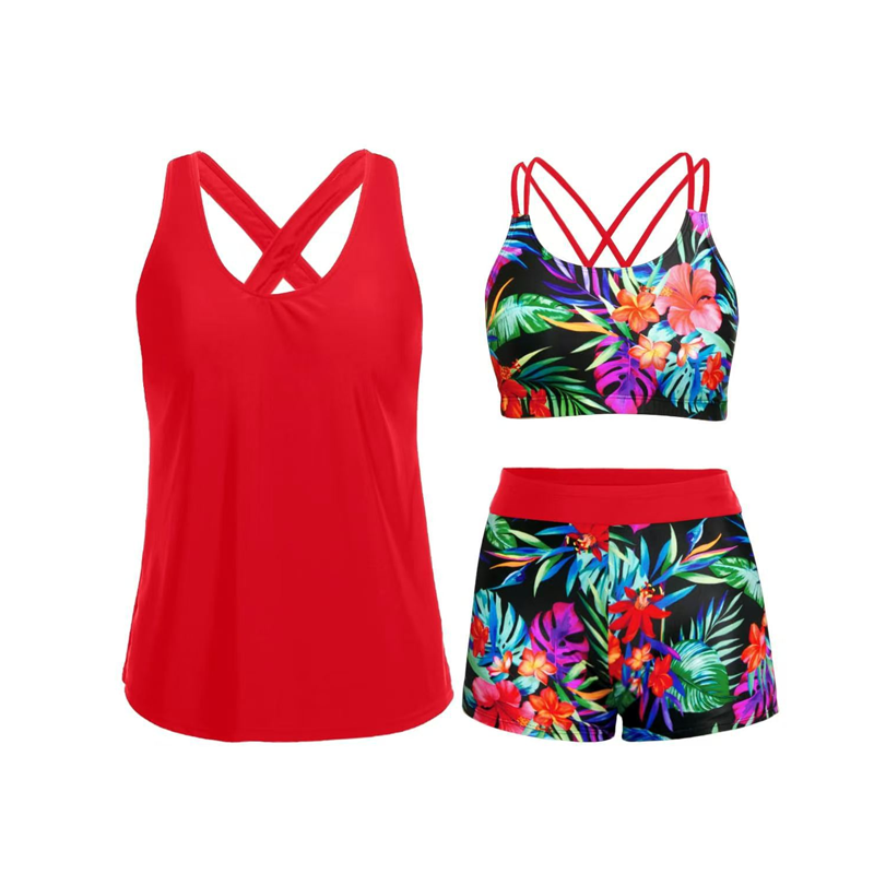 Tankini femme trois pièces avec débardeur fluide et shorty imprimé
