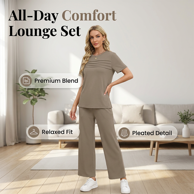 Ensemble femme décontracté avec pantalon large et haut manches courtes