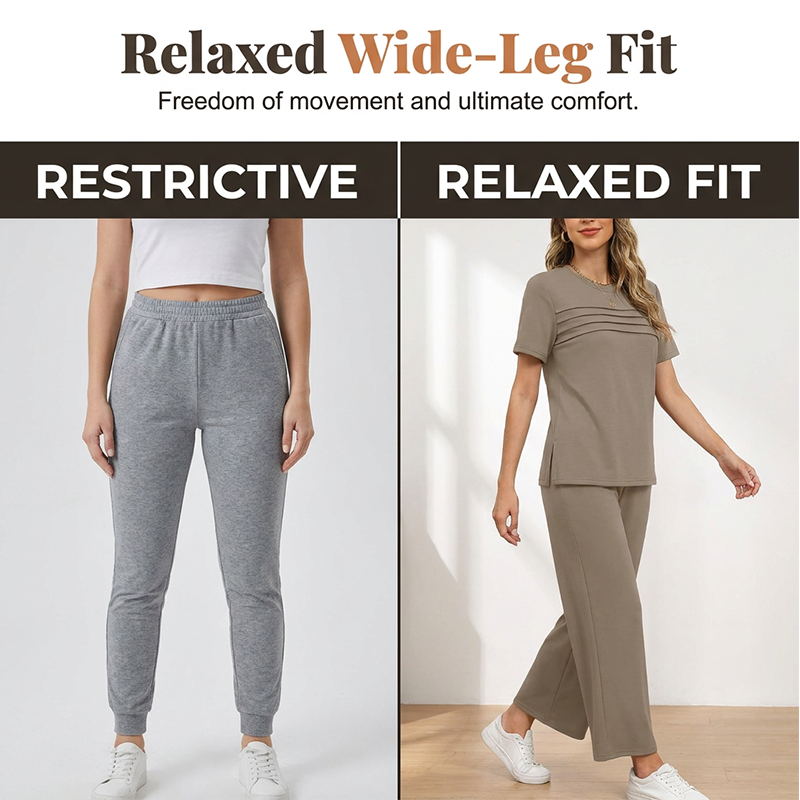 Ensemble femme décontracté avec pantalon large et haut manches courtes