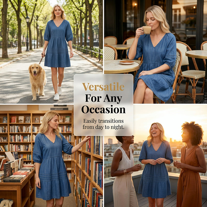 Robe femme en denim léger à col V et coupe fluide