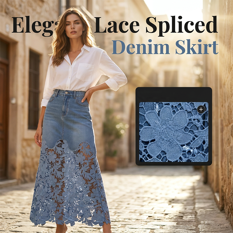 Jupe longue femme en denim avec dentelle florale élégante