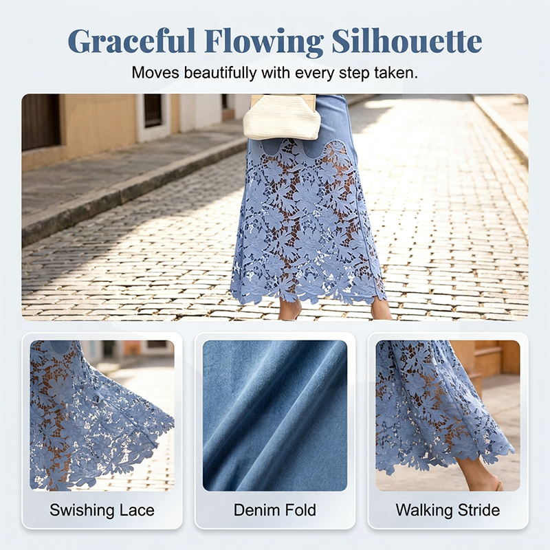 Jupe longue femme en denim avec dentelle florale élégante