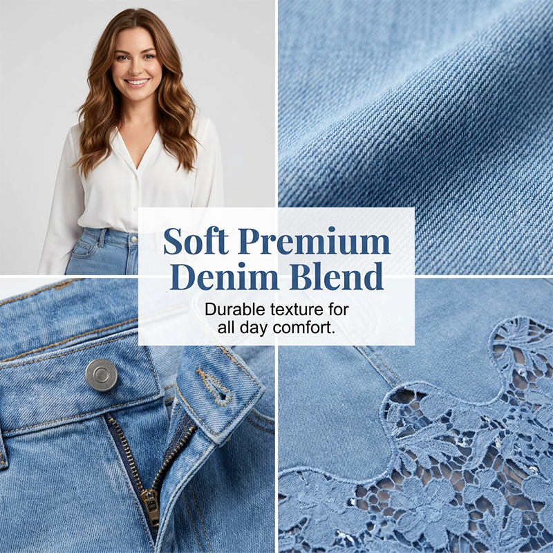 Jupe longue femme en denim avec dentelle florale élégante