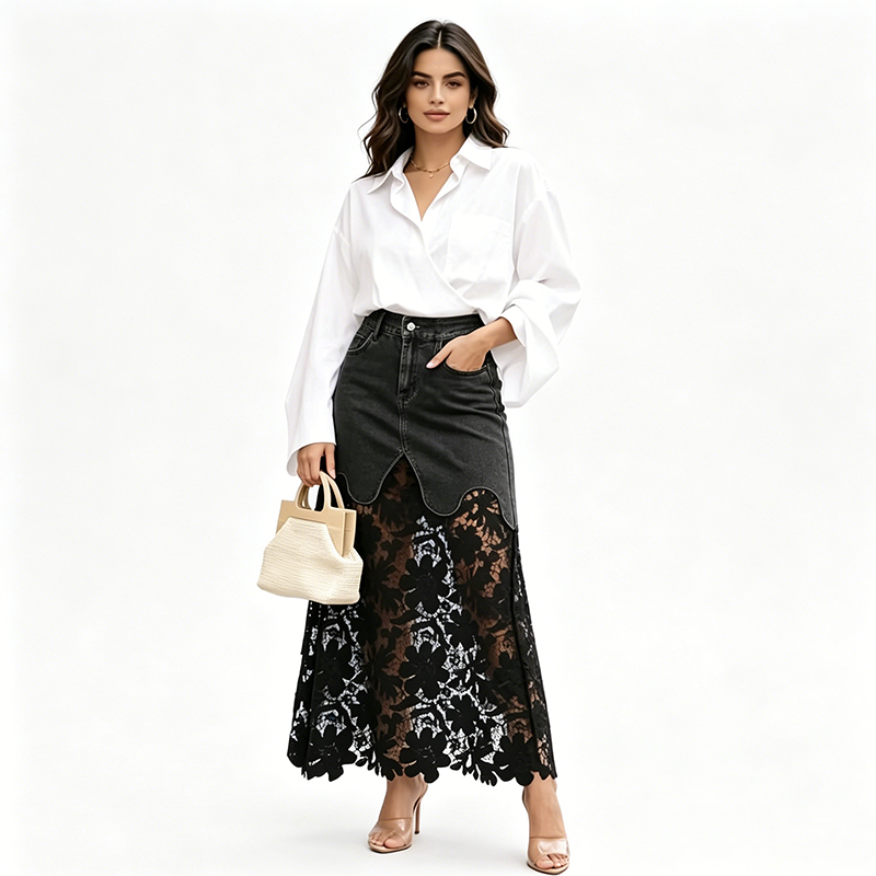 Jupe longue femme en denim avec dentelle florale élégante