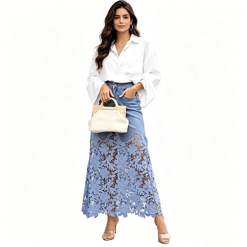 Jupe longue femme en denim avec dentelle florale élégante