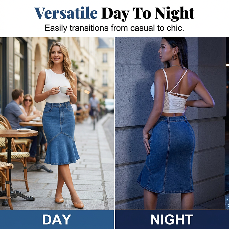 Jupe midi femme en denim taille haute coupe sirène
