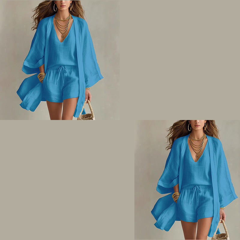 Ensemble 3 pièces femme en polyester avec kimono et short