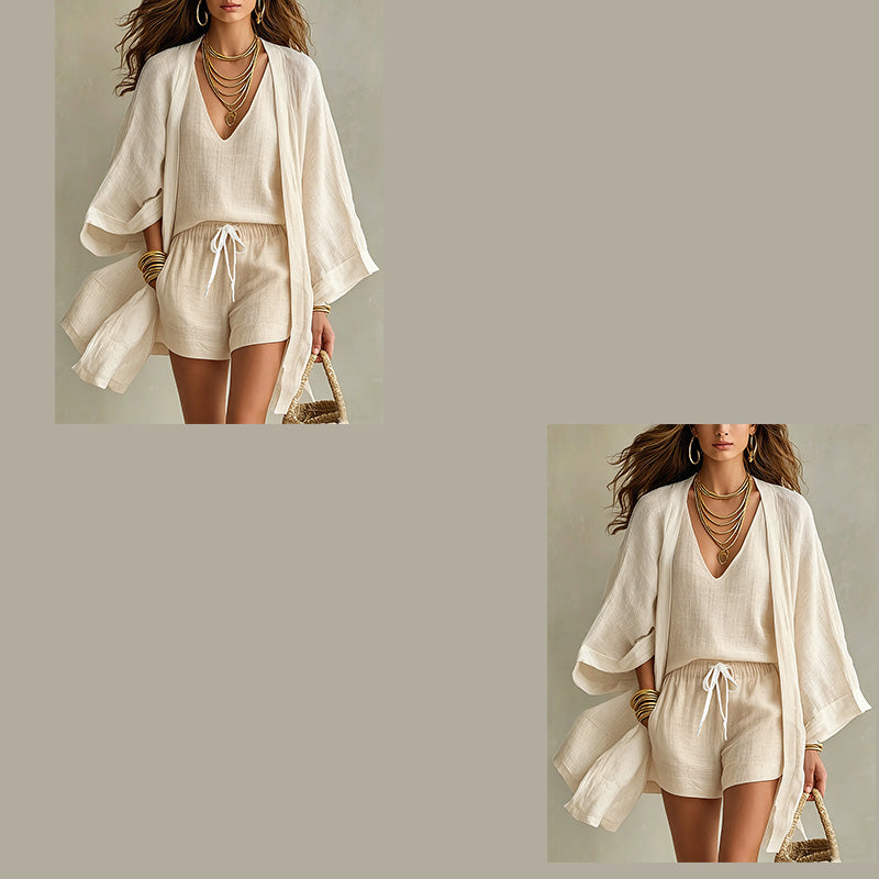 Ensemble 3 pièces femme en polyester avec kimono et short