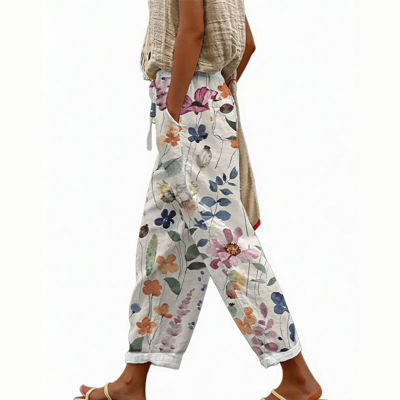 Pantalon court femme à imprimé floral et coupe large