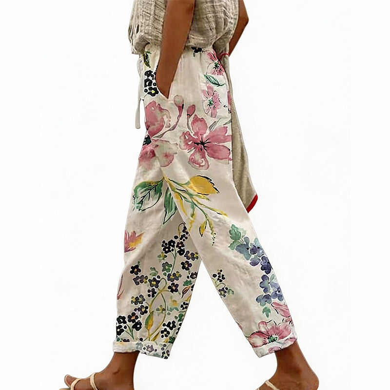 Pantalon court femme à imprimé floral et coupe large