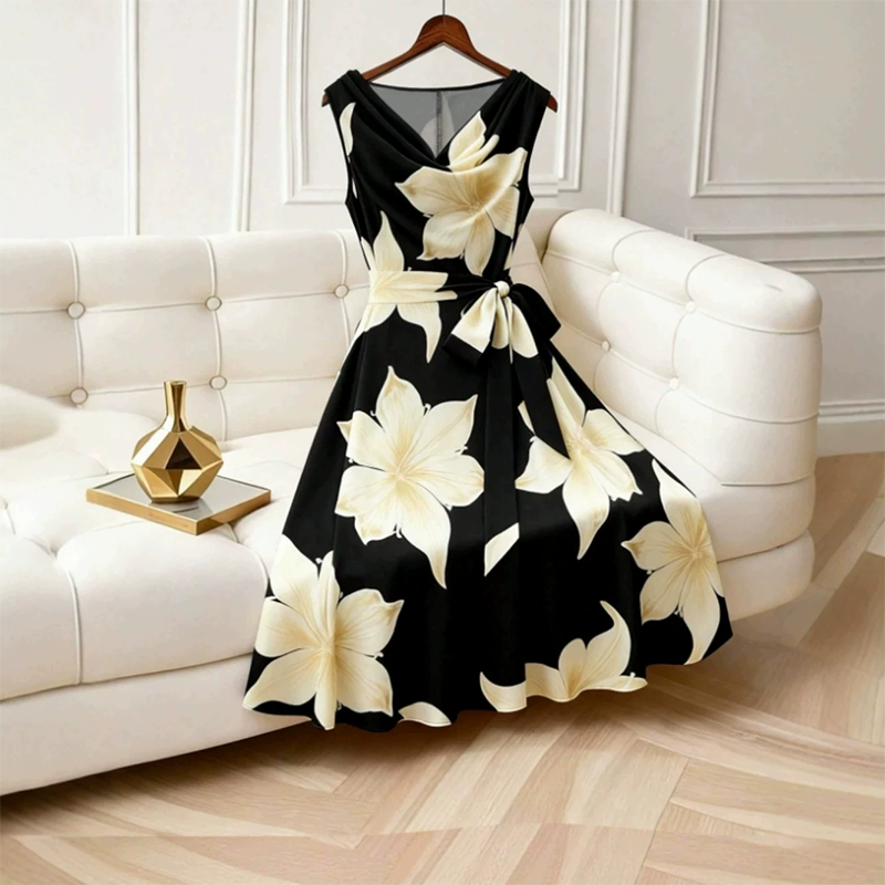 Robe midi femme sans manches à imprimé floral et taille nouée