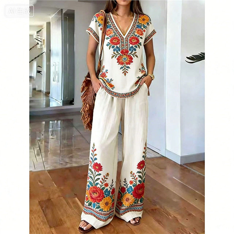 Ensemble femme bohème avec haut imprimé floral et pantalon large