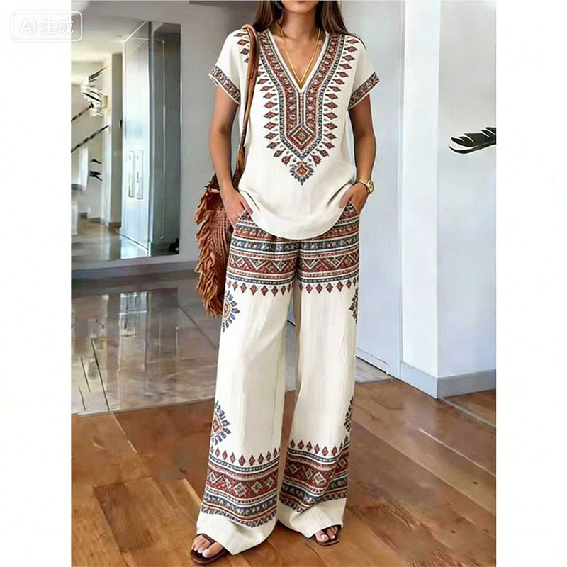 Ensemble femme bohème avec haut imprimé floral et pantalon large