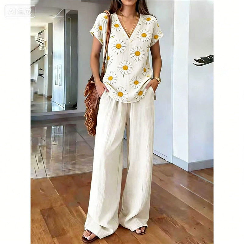 Ensemble femme bohème avec haut imprimé floral et pantalon large