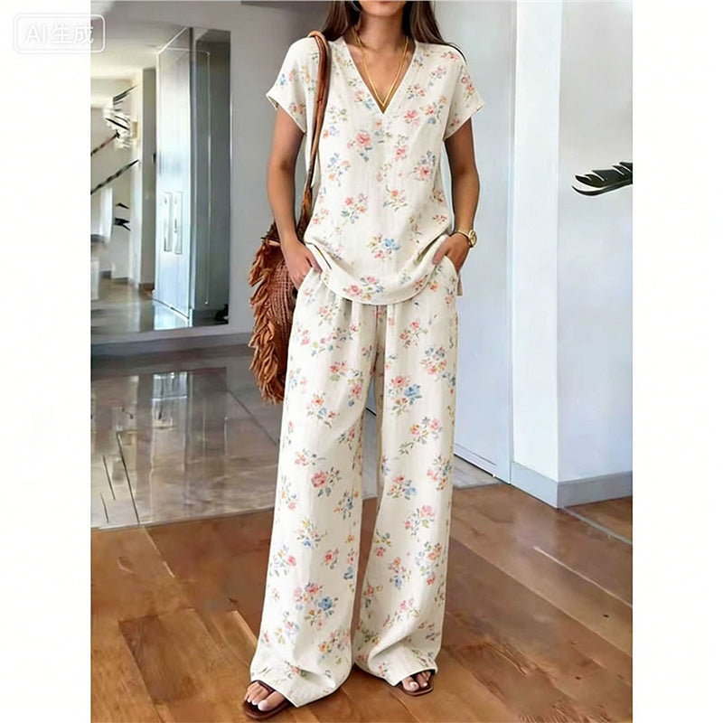Ensemble femme bohème avec haut imprimé floral et pantalon large
