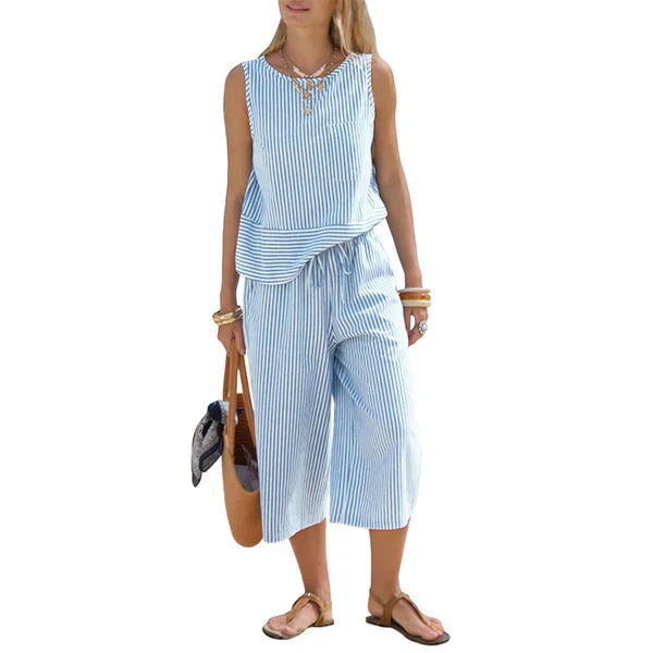 Ensemble deux pièces femme rayé en viscose avec pantalon capri