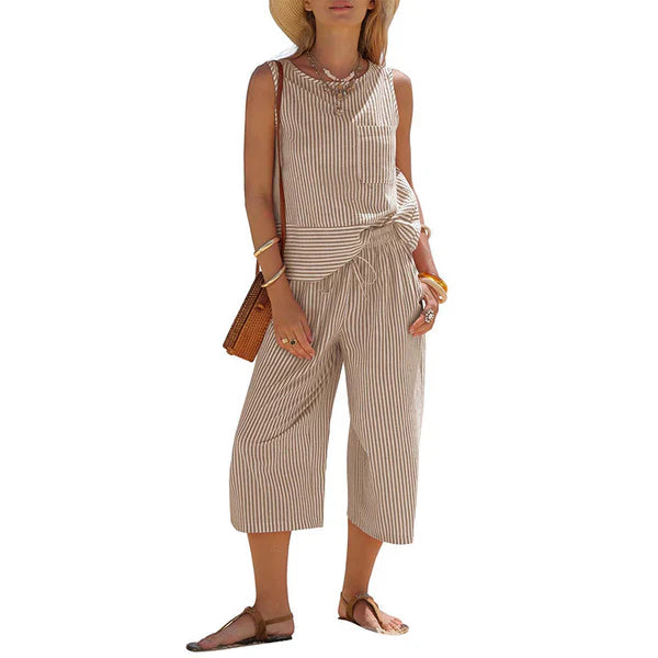 Ensemble deux pièces femme rayé en viscose avec pantalon capri